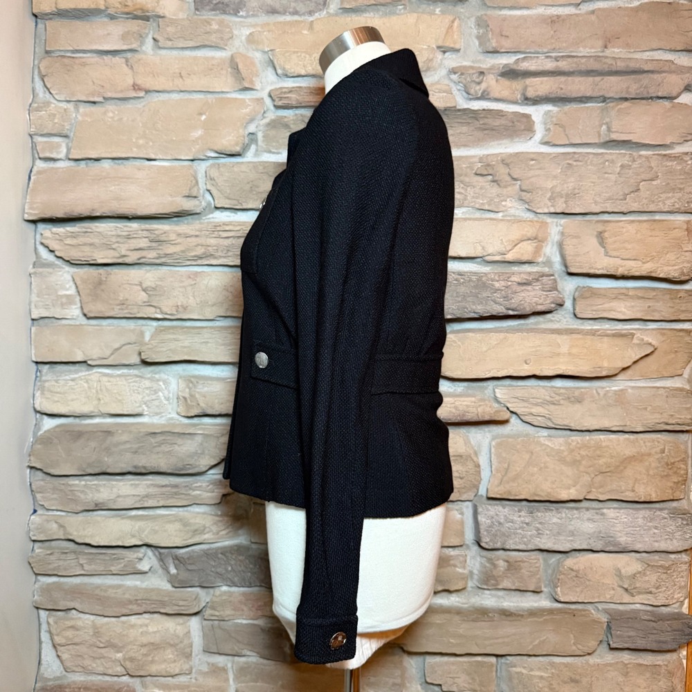 St. John Black Knit Jacket Blazer Size 4 Silver Logo Buttons USA Made - Picture 2 of 11